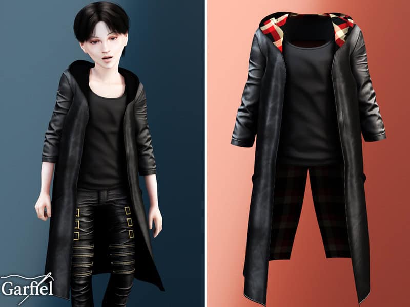 Sims 4 Child - Long hooded leather coat with dramatic silhouette by Garfiel