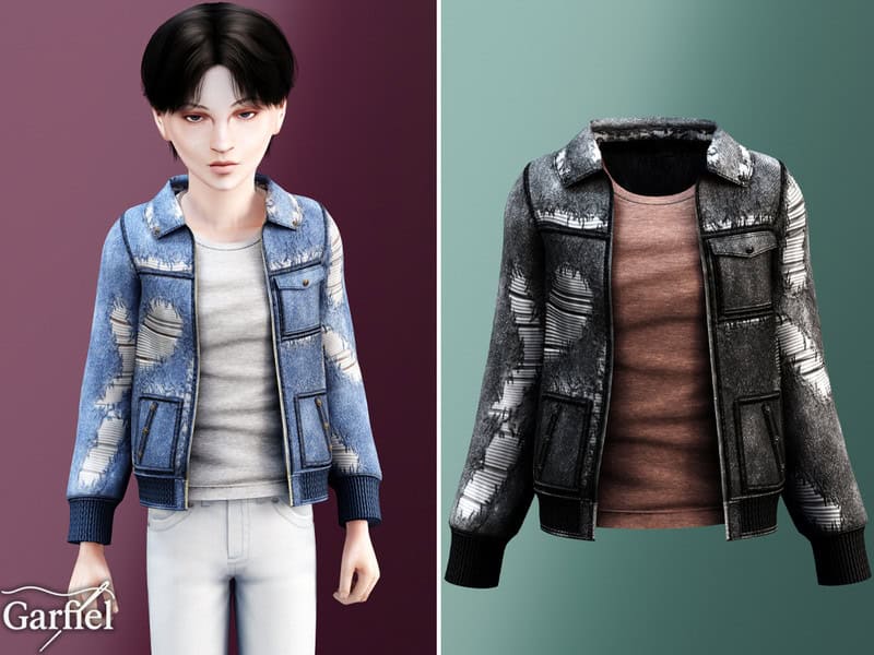 Sims 4 Child - Worn denim jacket layered with casual shirt by Garfiel