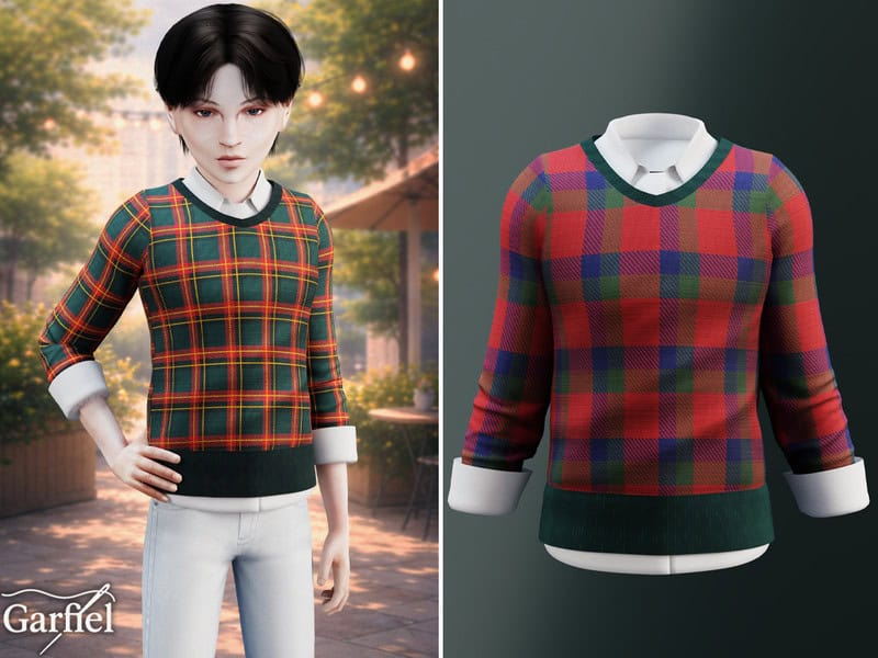 Sims 4 Child - Plaid sweater layered with collared shirt by Garfiel