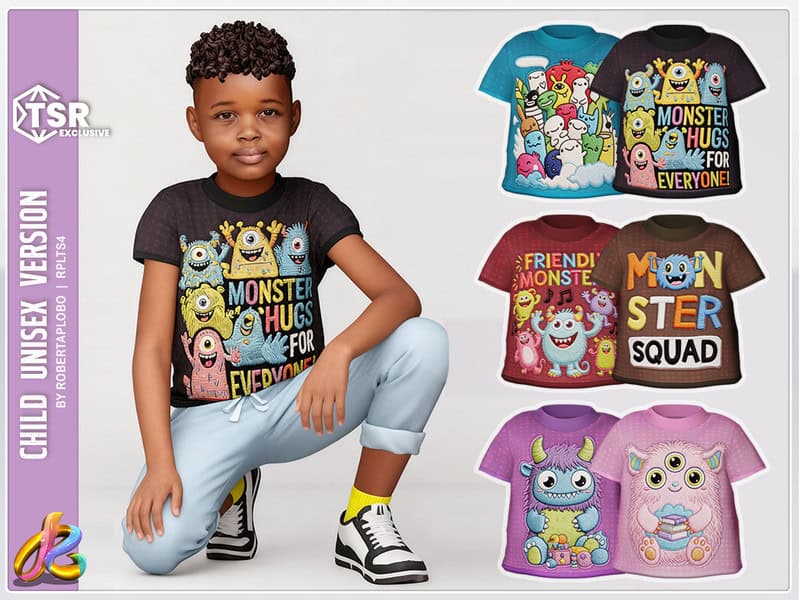 Sims 4 349 - Child Unisex Top -Cute Monster Friends Tee by RobertaPLobo