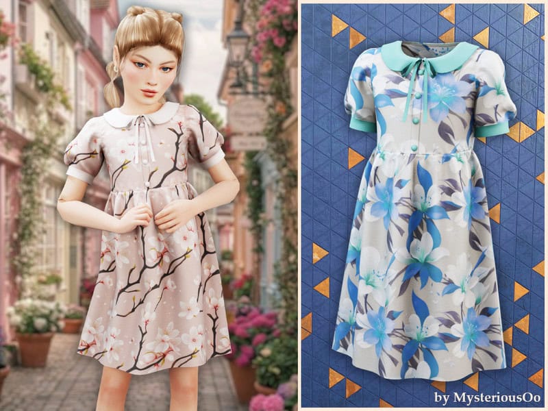 Sims 4 Child - Floral collar dress by MysteriousOo