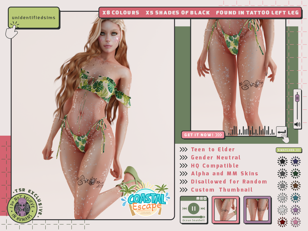Preview image 1 for Costal Escape Ocean Seashell Tattoo: TSR Exclusive by UNIDENTIFIEDSIMS.